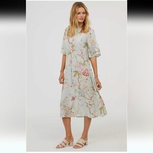 GP&J BAKER x H&M Sz 6 Floral Bird Print Midi Dress Pale Green SS Button Flowy